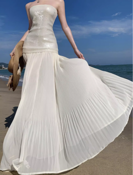 Elegant Sparkly Sequins Strapless Maxi Dress Novelty Pressed Pleat Splicing Sheer Tulle Long Dress AP1365