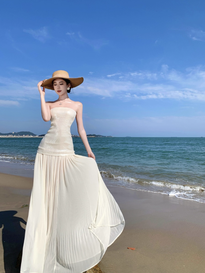 Elegant Sparkly Sequins Strapless Maxi Dress Novelty Pressed Pleat Splicing Sheer Tulle Long Dress AP1365