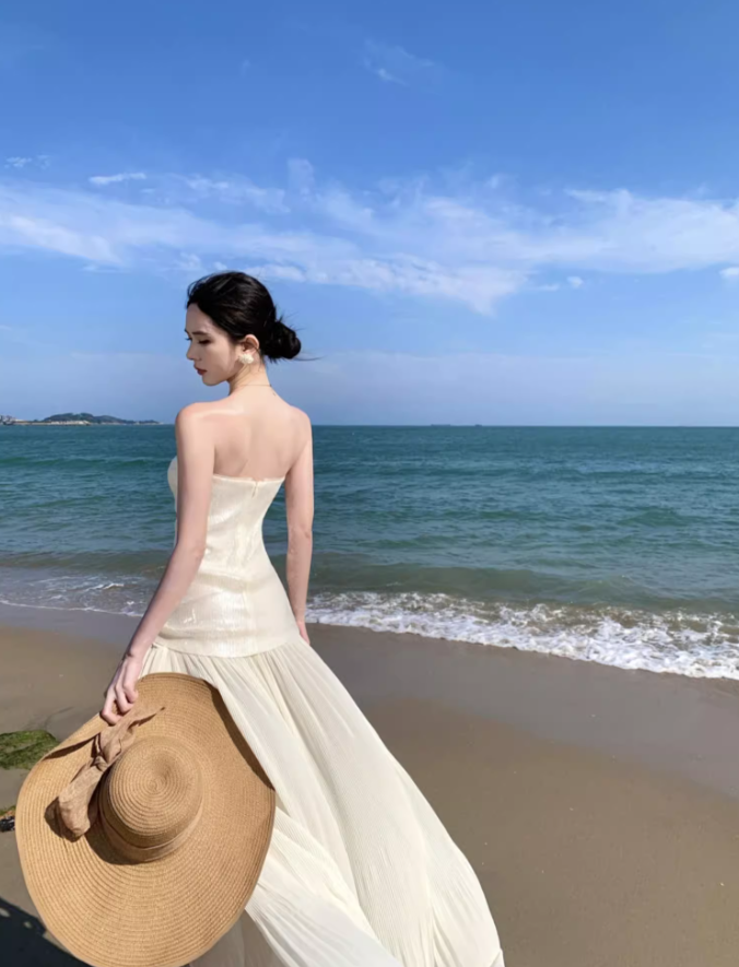 Elegant Sparkly Sequins Strapless Maxi Dress Novelty Pressed Pleat Splicing Sheer Tulle Long Dress AP1365