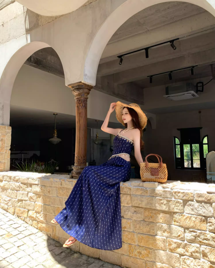 Boho Style Conch Tassel Design One Shoulder Maxi Dress Charming Asymmetric Neckline Open-Waist Long Dress AP1366