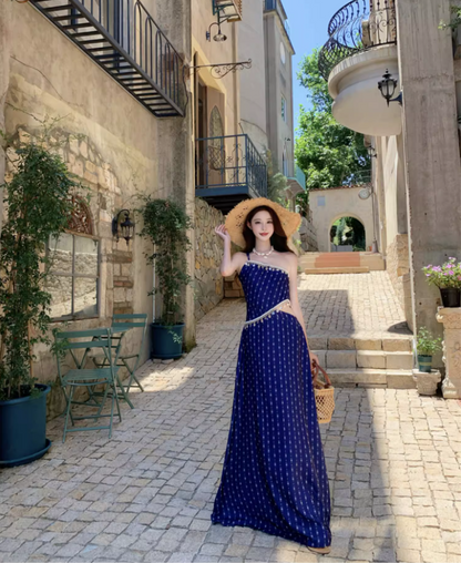 Boho Style Conch Tassel Design One Shoulder Maxi Dress Charming Asymmetric Neckline Open-Waist Long Dress AP1366