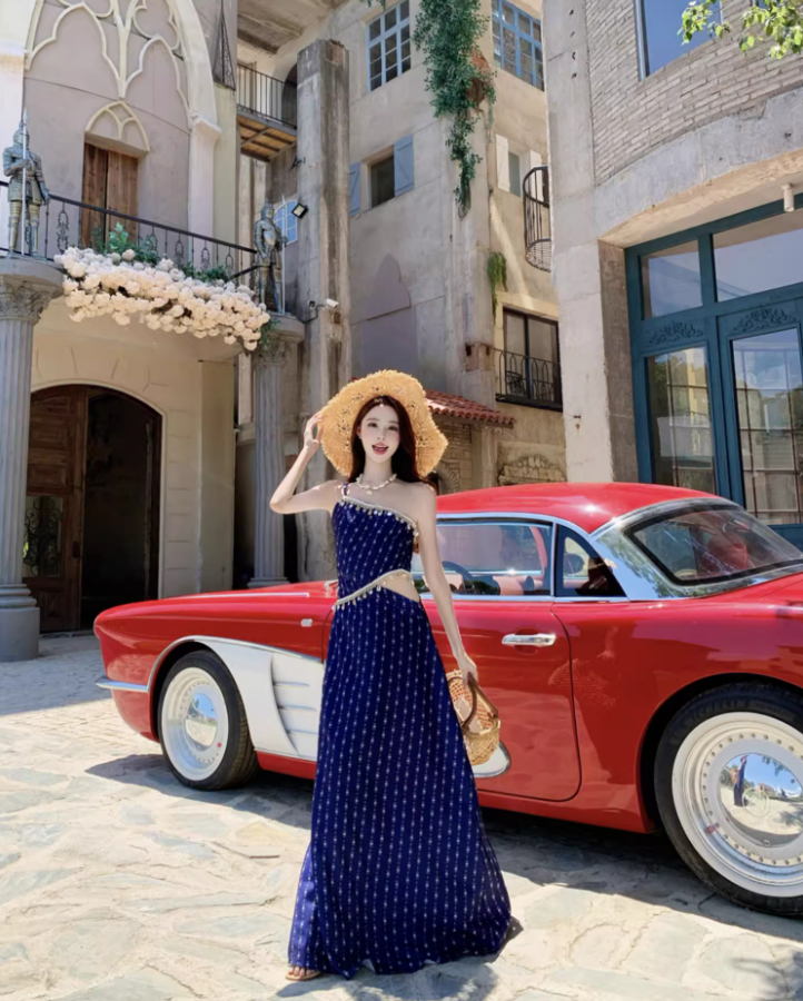 Boho Style Conch Tassel Design One Shoulder Maxi Dress Charming Asymmetric Neckline Open-Waist Long Dress AP1366