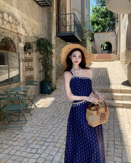 Boho Style Conch Tassel Design One Shoulder Maxi Dress Charming Asymmetric Neckline Open-Waist Long Dress AP1366