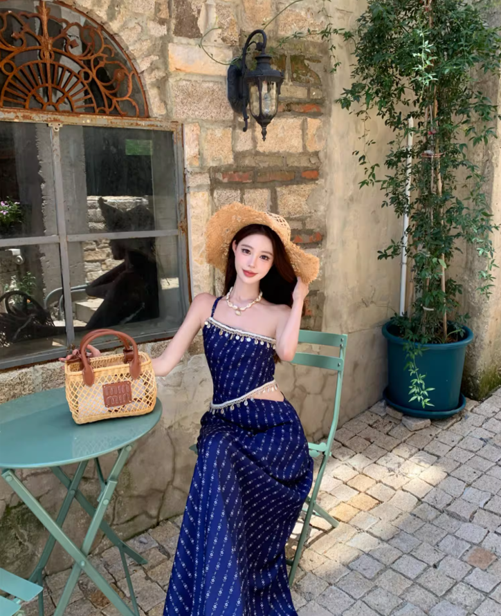 Boho Style Conch Tassel Design One Shoulder Maxi Dress Charming Asymmetric Neckline Open-Waist Long Dress AP1366