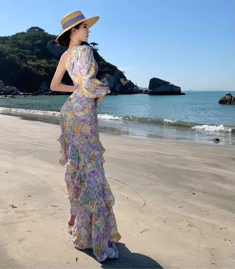 Romantic One Shoulder Hi-Lo Ruffles Hem Maxi Dress Chic Asymmetric Neckline Open-Waist Long Dress AP1367