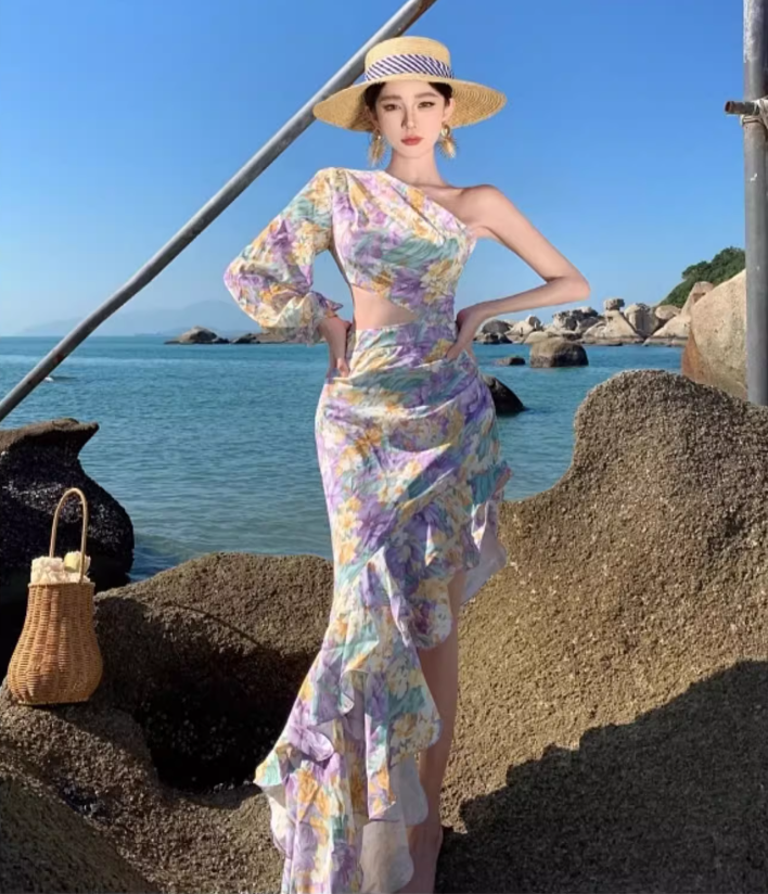 Romantic One Shoulder Hi-Lo Ruffles Hem Maxi Dress Chic Asymmetric Neckline Open-Waist Long Dress AP1367