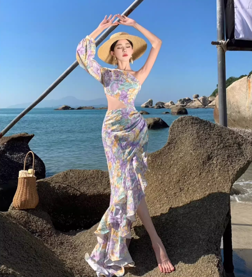 Romantic One Shoulder Hi-Lo Ruffles Hem Maxi Dress Chic Asymmetric Neckline Open-Waist Long Dress AP1367