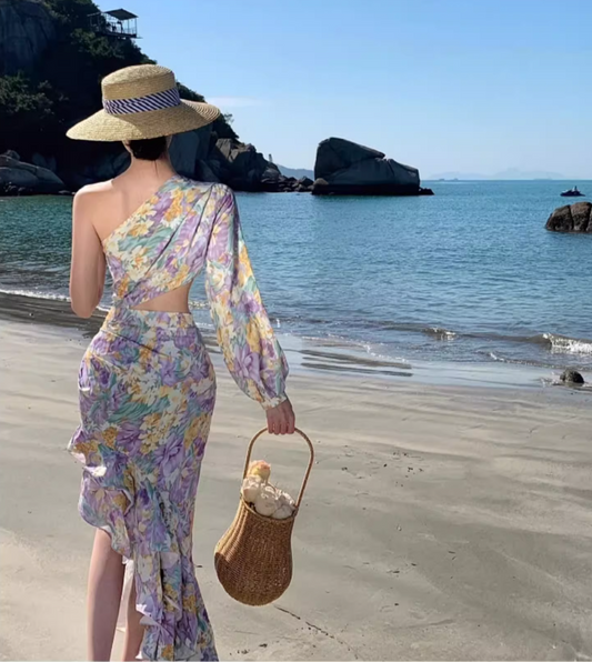 Romantic One Shoulder Hi-Lo Ruffles Hem Maxi Dress Chic Asymmetric Neckline Open-Waist Long Dress AP1367