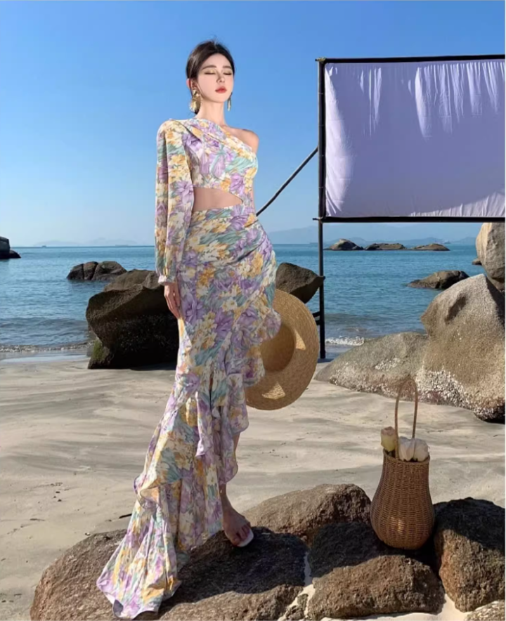 Romantic One Shoulder Hi-Lo Ruffles Hem Maxi Dress Chic Asymmetric Neckline Open-Waist Long Dress AP1367