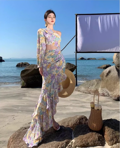 Romantic One Shoulder Hi-Lo Ruffles Hem Maxi Dress Chic Asymmetric Neckline Open-Waist Long Dress AP1367