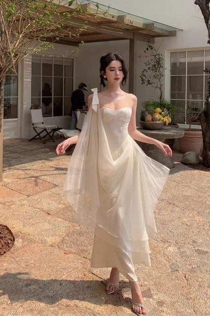 Graceful Sheer Tulle Splicing Maxi Dress Niche Sheath Open-Waist Flowy Mesh Trimmed Long Dress AP1368