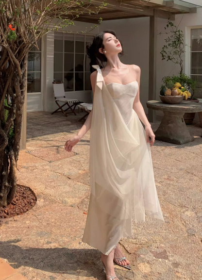 Graceful Sheer Tulle Splicing Maxi Dress Niche Sheath Open-Waist Flowy Mesh Trimmed Long Dress AP1368