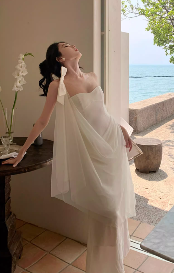 Graceful Sheer Tulle Splicing Maxi Dress Niche Sheath Open-Waist Flowy Mesh Trimmed Long Dress AP1368