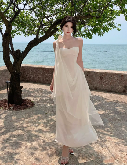 Graceful Sheer Tulle Splicing Maxi Dress Niche Sheath Open-Waist Flowy Mesh Trimmed Long Dress AP1368