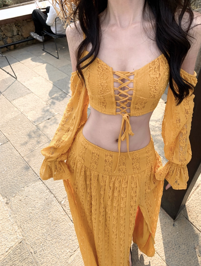 Romantic Long Sleeve Two-Piece High Slit Maxi Dress Scenic Trips Off-Shoulder Tie-Front Long Dress AP1369