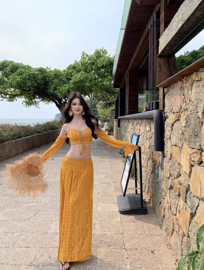 Romantic Long Sleeve Two-Piece High Slit Maxi Dress Scenic Trips Off-Shoulder Tie-Front Long Dress AP1369
