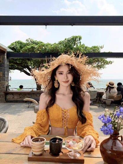 Romantic Long Sleeve Two-Piece High Slit Maxi Dress Scenic Trips Off-Shoulder Tie-Front Long Dress AP1369