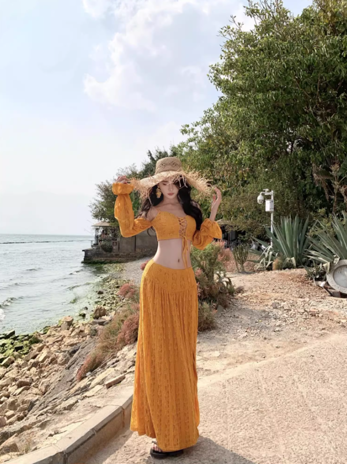 Romantic Long Sleeve Two-Piece High Slit Maxi Dress Scenic Trips Off-Shoulder Tie-Front Long Dress AP1369