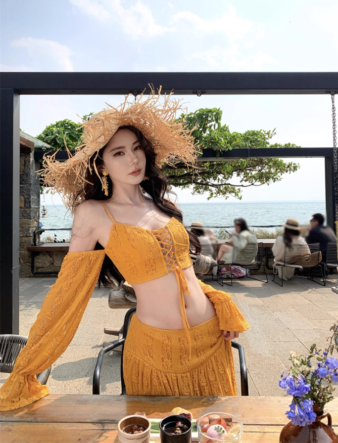 Romantic Long Sleeve Two-Piece High Slit Maxi Dress Scenic Trips Off-Shoulder Tie-Front Long Dress AP1369