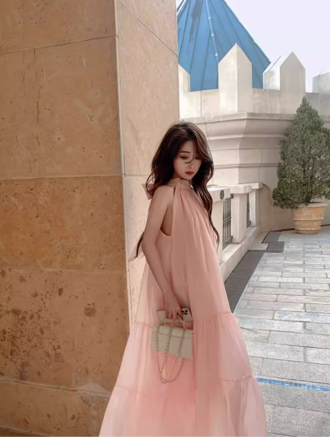 Cute Pink Tulle Overlay Double Layers Maxi Dress Niche Flowy Sleeveless Bow Design Long Dress AP1370