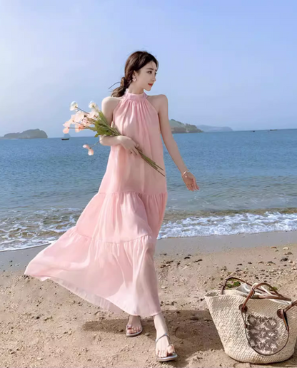 Cute Pink Tulle Overlay Double Layers Maxi Dress Niche Flowy Sleeveless Bow Design Long Dress AP1370