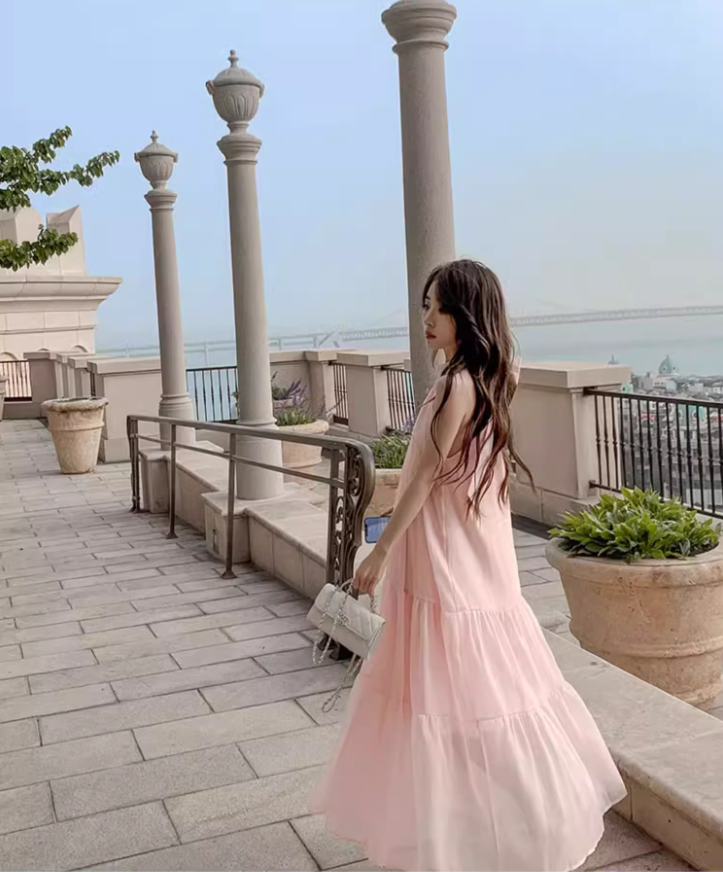 Cute Pink Tulle Overlay Double Layers Maxi Dress Niche Flowy Sleeveless Bow Design Long Dress AP1370