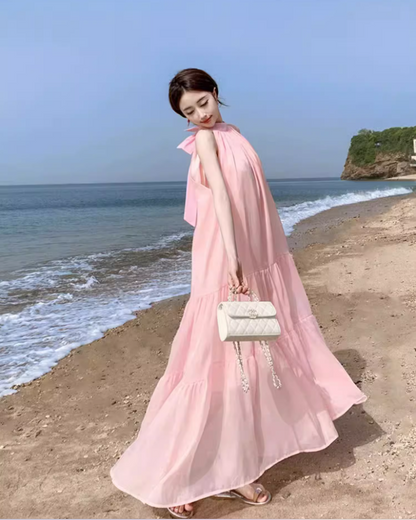 Cute Pink Tulle Overlay Double Layers Maxi Dress Niche Flowy Sleeveless Bow Design Long Dress AP1370