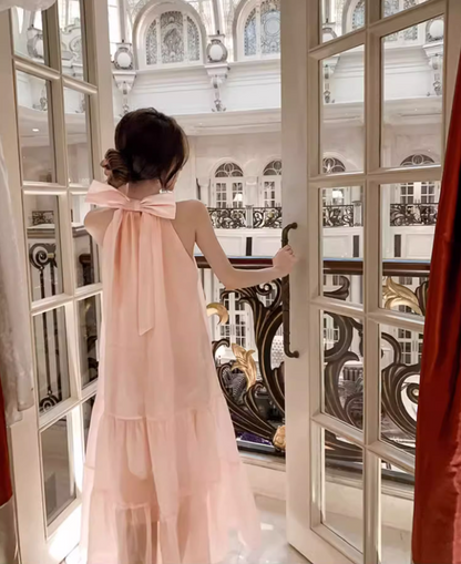 Cute Pink Tulle Overlay Double Layers Maxi Dress Niche Flowy Sleeveless Bow Design Long Dress AP1370