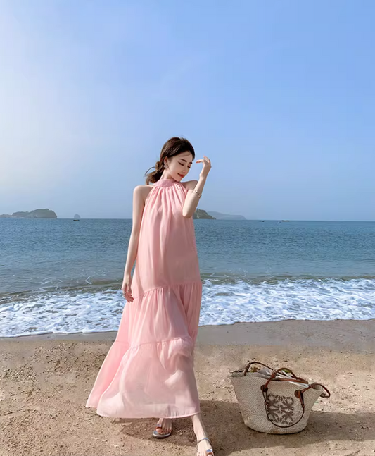 Cute Pink Tulle Overlay Double Layers Maxi Dress Niche Flowy Sleeveless Bow Design Long Dress AP1370