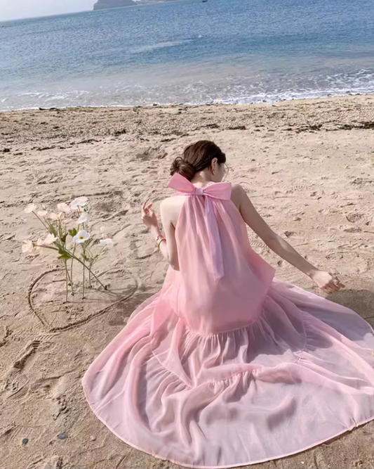 Cute Pink Tulle Overlay Double Layers Maxi Dress Niche Flowy Sleeveless Bow Design Long Dress AP1370