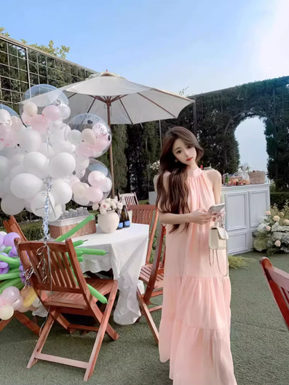 Cute Pink Tulle Overlay Double Layers Maxi Dress Niche Flowy Sleeveless Bow Design Long Dress AP1370