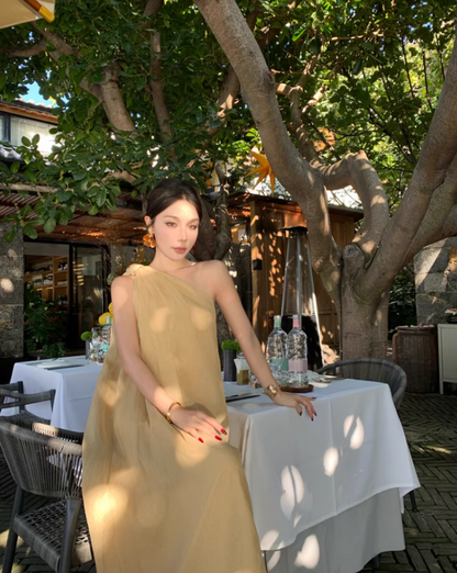 Gorgeous Asymmetric Neckline One Shoulder Maxi Dress Graceful Flowy Soft Fabric Long Dress AP1371