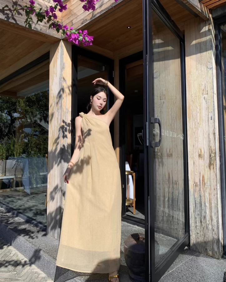 Gorgeous Asymmetric Neckline One Shoulder Maxi Dress Graceful Flowy Soft Fabric Long Dress AP1371