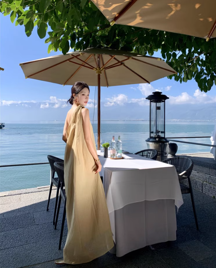 Gorgeous Asymmetric Neckline One Shoulder Maxi Dress Graceful Flowy Soft Fabric Long Dress AP1371