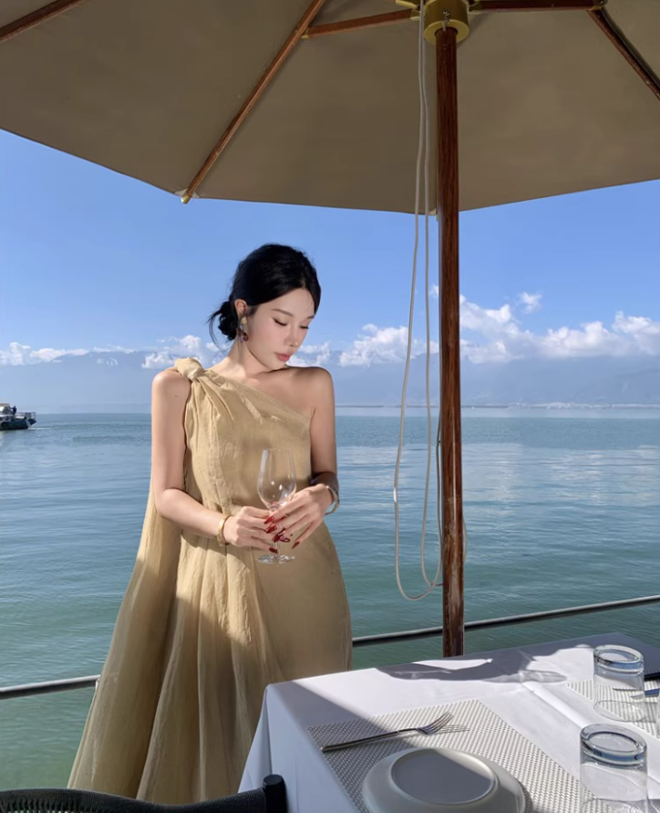 Gorgeous Asymmetric Neckline One Shoulder Maxi Dress Graceful Flowy Soft Fabric Long Dress AP1371