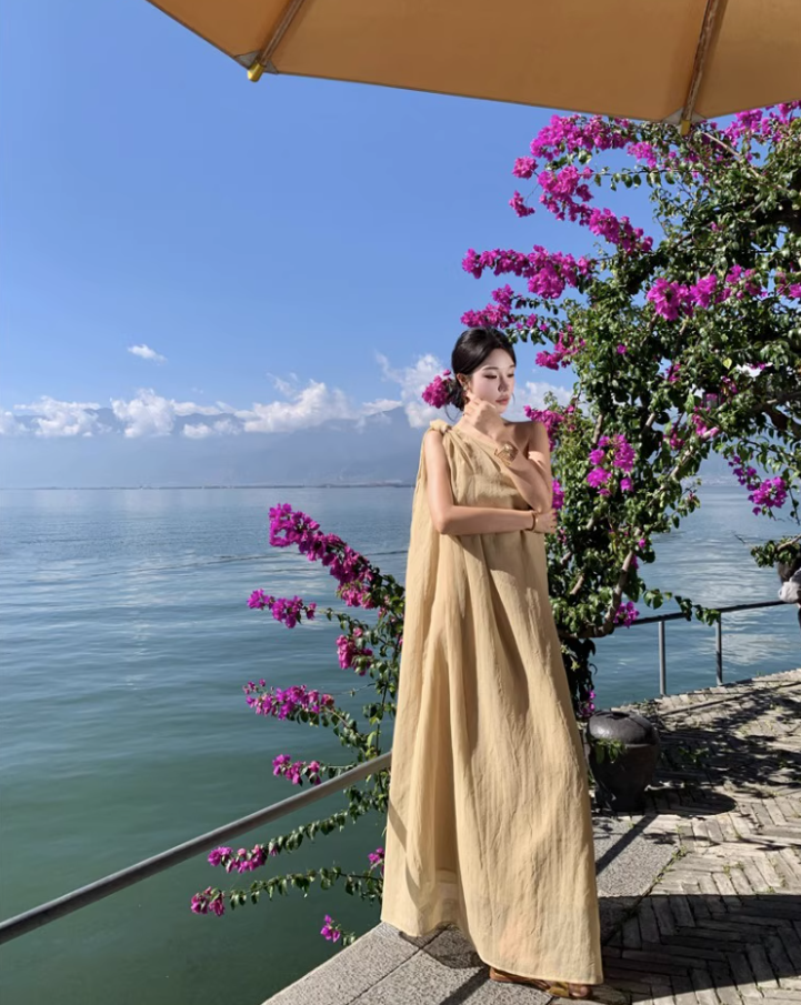 Gorgeous Asymmetric Neckline One Shoulder Maxi Dress Graceful Flowy Soft Fabric Long Dress AP1371