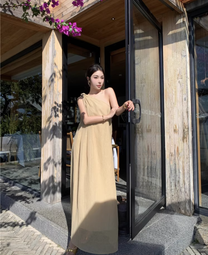 Gorgeous Asymmetric Neckline One Shoulder Maxi Dress Graceful Flowy Soft Fabric Long Dress AP1371