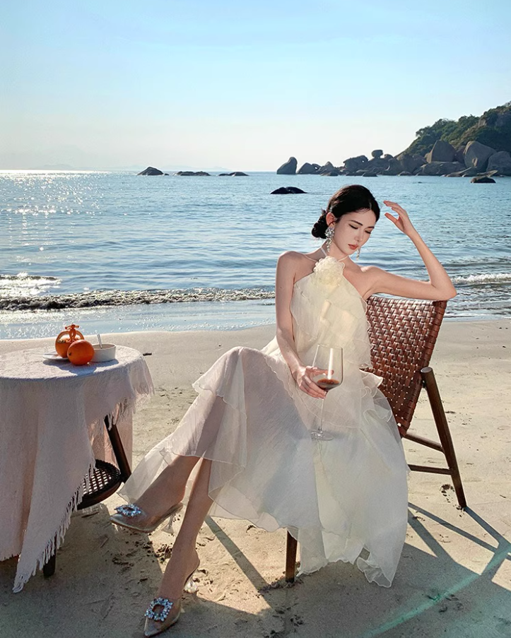 Ethereal Ruffles Tiered Hem Ivory Maxi Dress Chic Coastal Shoots Flower Design Halter Long Dress AP1372