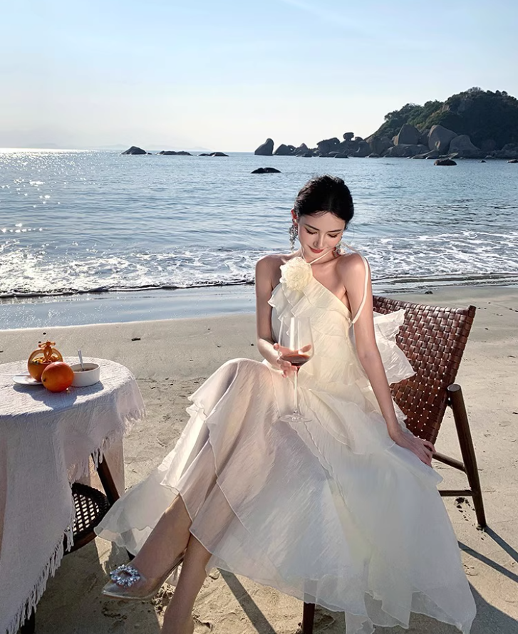 Ethereal Ruffles Tiered Hem Ivory Maxi Dress Chic Coastal Shoots Flower Design Halter Long Dress AP1372