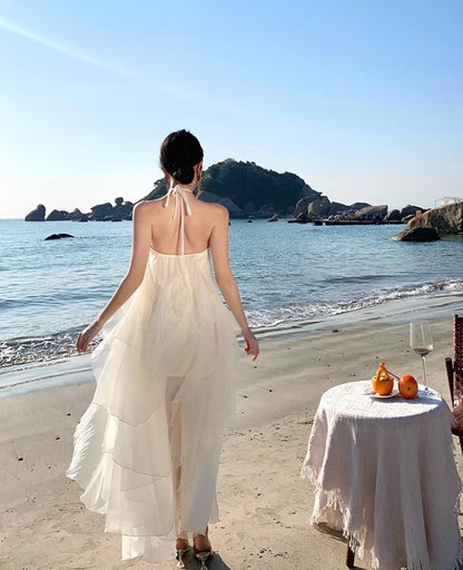 Ethereal Ruffles Tiered Hem Ivory Maxi Dress Chic Coastal Shoots Flower Design Halter Long Dress AP1372