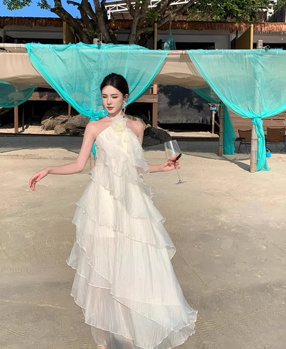 Ethereal Ruffles Tiered Hem Ivory Maxi Dress Chic Coastal Shoots Flower Design Halter Long Dress AP1372