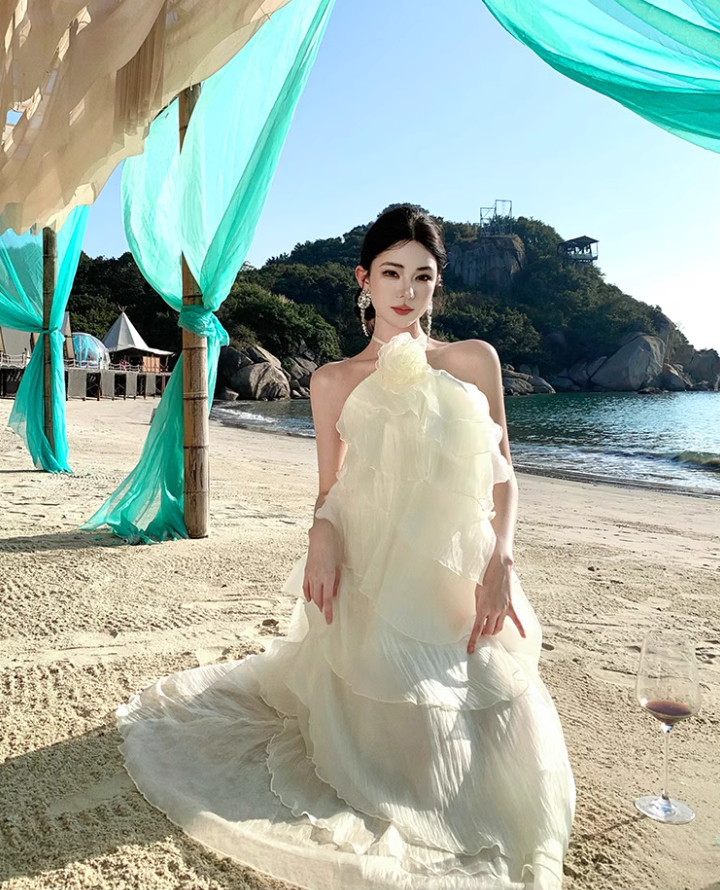 Ethereal Ruffles Tiered Hem Ivory Maxi Dress Chic Coastal Shoots Flower Design Halter Long Dress AP1372