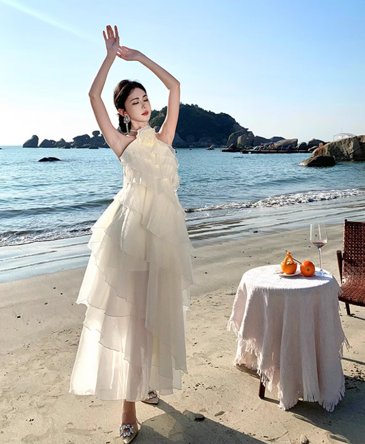 Ethereal Ruffles Tiered Hem Ivory Maxi Dress Chic Coastal Shoots Flower Design Halter Long Dress AP1372
