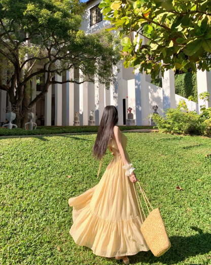 New Fashion High Slit Ruffles Hem Yellow Maxi Dress Graceful Coastal Shoots A-Line Flowy Halter Long Dress AP1373