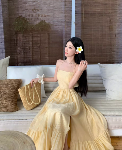 New Fashion High Slit Ruffles Hem Yellow Maxi Dress Graceful Coastal Shoots A-Line Flowy Halter Long Dress AP1373