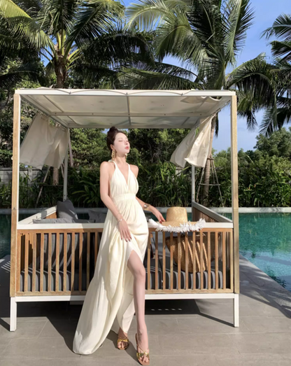 Hot Sales White Simple Style Maxi Dress Chic Flowy Coastal Shoots Backless Deep V-Neck Halter Long Dress AP1374