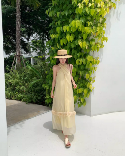 Charming Lightweight Summer Tassel Hem Maxi Dress Gorgeous Flowy Coastal Shoots Cross-Front Halter Long Dress AP1375