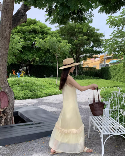 Charming Lightweight Summer Tassel Hem Maxi Dress Gorgeous Flowy Coastal Shoots Cross-Front Halter Long Dress AP1375