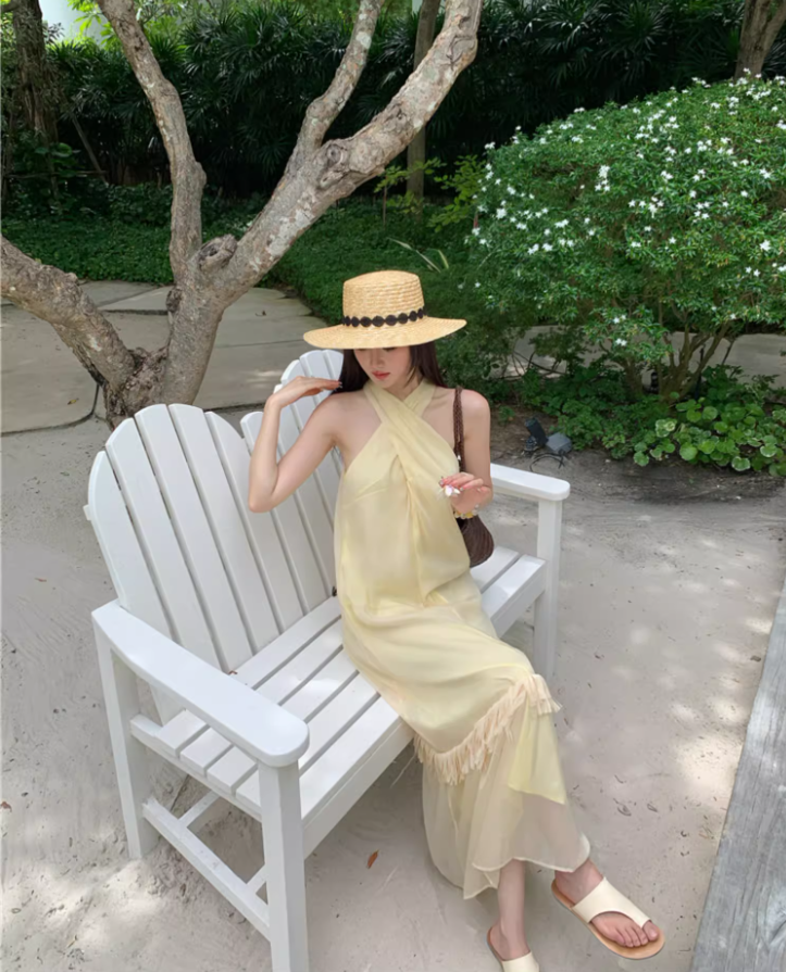 Charming Lightweight Summer Tassel Hem Maxi Dress Gorgeous Flowy Coastal Shoots Cross-Front Halter Long Dress AP1375