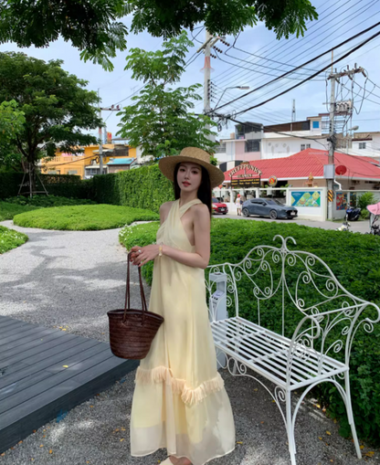 Charming Lightweight Summer Tassel Hem Maxi Dress Gorgeous Flowy Coastal Shoots Cross-Front Halter Long Dress AP1375